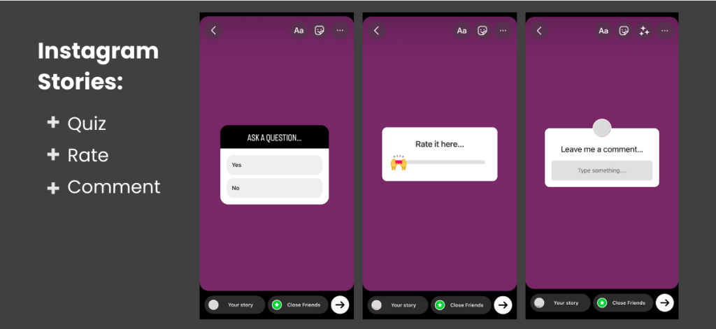 Screenshots of Instagram features: quiz, rate, comment